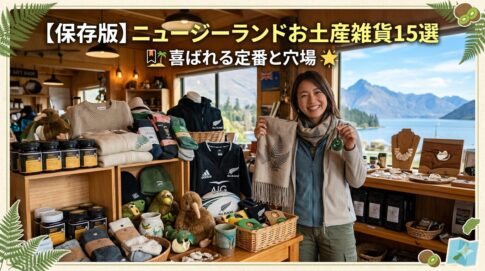 ニュージーランドのギフトショップで、マヌカハニーや羊毛製品、キウイのぬいぐるみなどのお土産雑貨に囲まれて笑顔で立つ女性。背景には美しい湖と山々が見える。